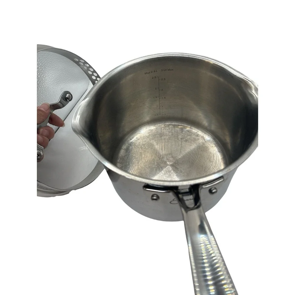 Emeril 3 Qt Sauce Pan Pot Double Pour Spout Stainless Steel STRAINER LID